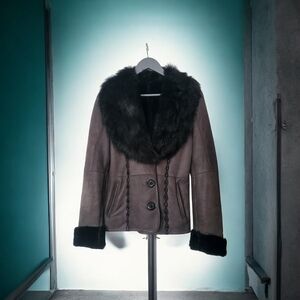 Italian Leather Fur Jacket Dark Gray Shimmer Sequin Teardrop Embroidered Stone